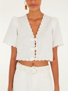 new Farm Rio Off-White Roses Scallop Artisanal Top